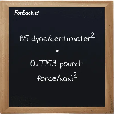 85 dyne/centimeter<sup>2</sup> setara dengan 0.17753 pound-force/kaki<sup>2</sup> (85 dyn/cm<sup>2</sup> setara dengan 0.17753 lbf/ft<sup>2</sup>)